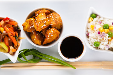 Chicken meat with rice and vegetable