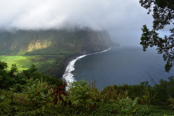 Waimea Valley Hawaii Overlook Foggy view of Coast. Heavy cloud cover of fertile utopian paradise valley from top of mountain with mountains in the distance. Fertile Utopian Valley where Kings meet