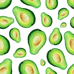 Seamless background with spring fresh avocado, hand painted in watercolor