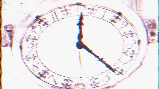 Intentional noise distortion fx tv transmission: a big clock on the wall of an antique medieval building on the public street.