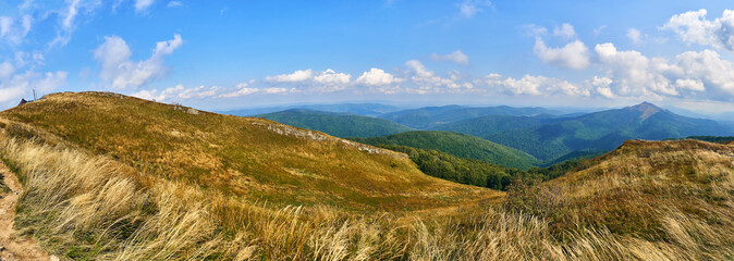 Beautiful panoramic view of the Bieszczady mountains in the early autumn, Bieszczady National Park (Polish: Bieszczadzki Park Narodowy), Poland.