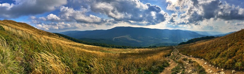 Beautiful panoramic view of the Bieszczady mountains in the early autumn, Bieszczady National Park (Polish: Bieszczadzki Park Narodowy), Poland.