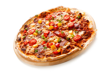 Pizza with ham and vegetables on white background