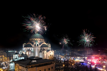 Belgrade, Serbia - January 14, 2019: Orthodox New years eve celebration with fireworks over the Church of Saint Sava at midnight in Belgrade, Serbia