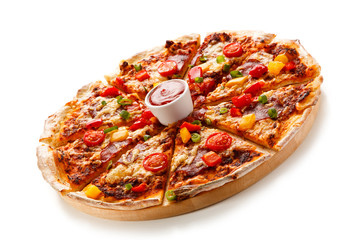 Pizza with ham and vegetables on white background