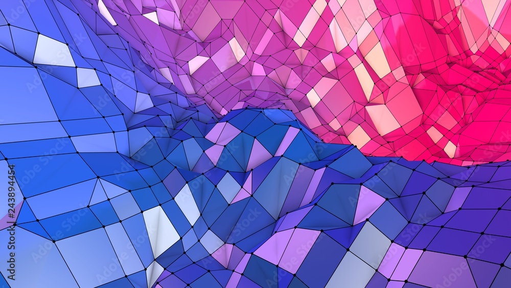 Poster 3d low poly abstract geometric background with modern gradient colors. 3d surface blue red violet gr
