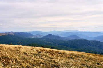 Beautiful panoramic view of the Bieszczady mountains in the early autumn, Bieszczady National Park (Polish: Bieszczadzki Park Narodowy), Poland.