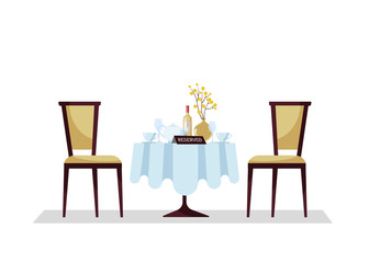 Reserved expensive restaurant round table with tablecloth, plant, wineglasses, wine bottle, teapot, cuts, reservation tabletop sign on it and two soft chairs. Flat cartoon vector illustration