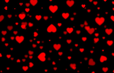 Fototapeta na wymiar Red falling hearts on black background, blurred bokeh background, heart, holiday, love, black, delaminate
