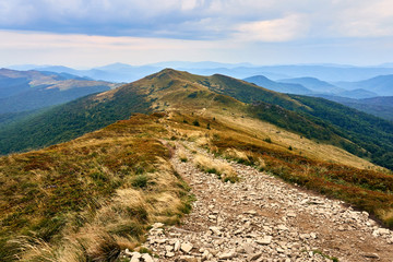 Beautiful panoramic view of the Bieszczady mountains in the early autumn, Bieszczady National Park (Polish: Bieszczadzki Park Narodowy), Poland. © udmurd