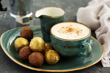 Handmade candies. Lawyer truffle with liqueur and vanilla. Home sweetness. Selective focus.
