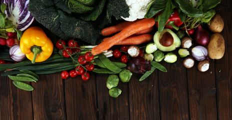 Composition with variety of raw organic vegetables and fruits. Balanced diet