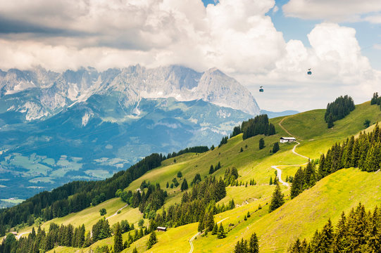View from Kitzbuheler Horn in Kitzbuhel, Austria. The Cable cars can just be seen in the distance © Alan Smithers