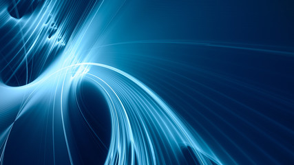 Abstract blue background element on black. Fractal graphics. Three-dimensional composition of glowing lines and mption blur traces. Movement and innovation concept.