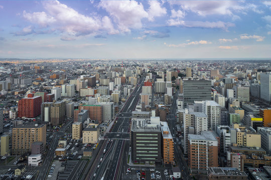 Cityscape of sendai city aerial skyscraper view of office building and downtown of sendia city background. Japan, Asia