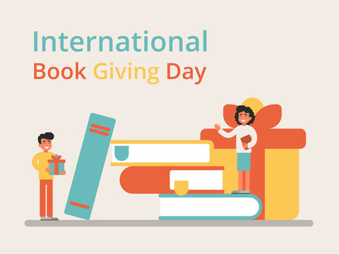 festive concept for the International Book Giving Day 14 february. Children stand on stacks of books and give gifts - Powered by Adobe