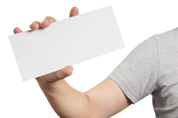 Male hand holding a blank sheet of paper (ticket, flyer, invitation, coupon, banknote, etc.),...
