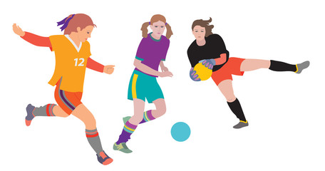 Soccer girls. Young women playing soccer. Hand drawn vector illustration, flat color on white background.
