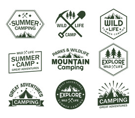 Obraz premium Set of isolated signs with mountains and trees