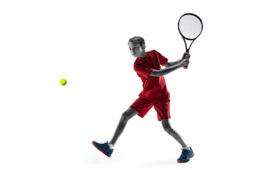 Fototapeta na wymiar Young teen boy tennis player in motion or movement isolated on white studio background. The sport, exercise, training concept