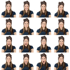 young long hair adult caucasian woman wearing ethnic clothes collection set of face expression like happy, sad, angry, surprise, yawn isolated on white