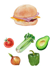Hand drawn watercolor bun with ham and cheese, vegetables. Sandwich with salad.