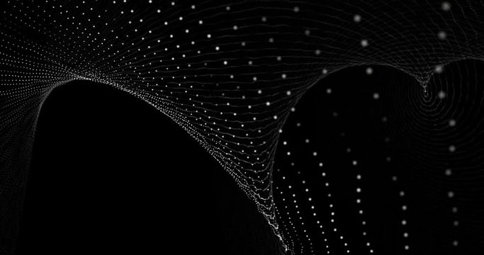 Dots in spiral rows on a grid surface moving and twisting. White bright dots disperse into space creating a clouds of spheric dust