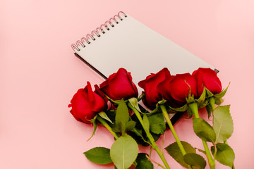 8 march flatlay mockup. White spiral notepad with red roses on light pink background. Woman's day concept