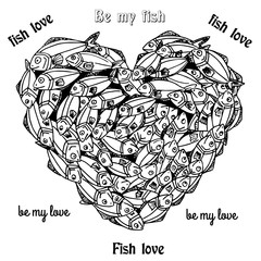 Vector hand drawn illustration of heart made up of funny fish