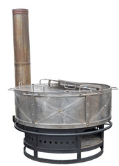 A new iron wood stove on a white