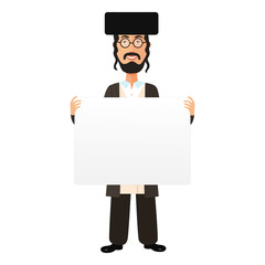 Jewish cartoon flat smile man holding banner isolated on white background vector  
