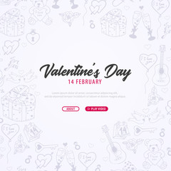 Valentines Day banner with doodle background. 14 February. Vector Illustration