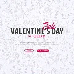 Valentines Day banner with doodle background. 14 February. Vector Illustration