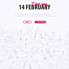 Fototapeta na wymiar Valentines Day banner with doodle background. 14 February. Vector Illustration