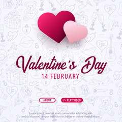 Valentines Day banner with doodle background. 14 February. Vector Illustration
