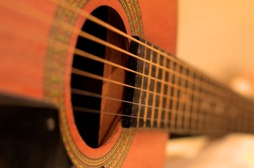 Close up of accoustic guitar strings