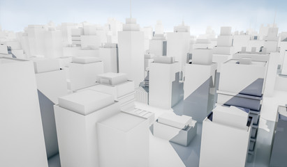 White cityscape with blue sky background. Many buildings. 3D Rendering Illustration.