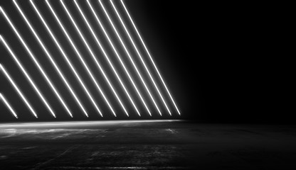 Naklejka premium Neon Glowing Lights Futuristic Background. White colors Line In Empty Dark Room With Concrete Floor and Reflections.Future Sci Fi Concept. 3D Rendering Illustration