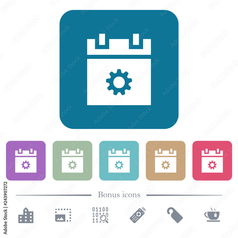 Aufkleber schedule settings flat icons on color rounded square backgrounds
