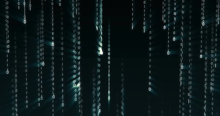 Strings of 0 and 1 fall from top to bottom in data matrix created in cyberspace with blue glow. Flow of digital data in a datacenter. Idea of communications network, binary code, security and privacy - Powered by Adobe