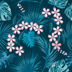 Tropical vector seamless pattern with pink flowers.