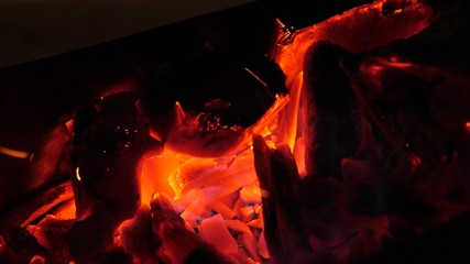 Coals of wood are glowing red with fire. Fires in forests. Close-up.