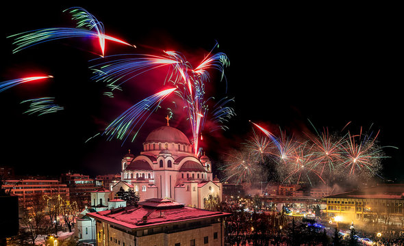 Belgrade, Serbia - January 14, 2019: Orthodox New years eve celebration with fireworks over the Church of Saint Sava at midnight in Belgrade, Serbia