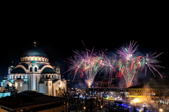 Belgrade, Serbia - January 14, 2019: Orthodox New years eve celebration with fireworks over the Church of Saint Sava at midnight in Belgrade, Serbia