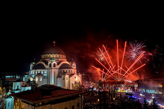 Belgrade, Serbia - January 14, 2019: Orthodox New years eve celebration with fireworks over the Church of Saint Sava at midnight in Belgrade, Serbia