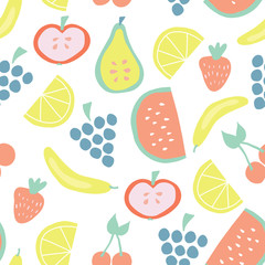 Summer fruit vector background with bananas apples pear grapes lemons cherries strawberries watermelon on white. Juicy summer fruit cute vector pattern. Food illustration flat simple Scandinavian art