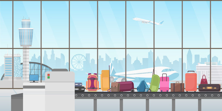 Conveyor belt in modern airport hall. Baggage claim cartoon vector illustration.