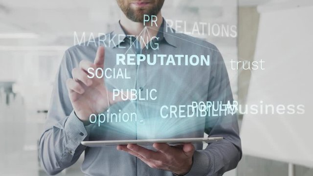 reputation, business, trust, opinion, popular word cloud made as hologram used on tablet by bearded man, also used animated relations pr social public word as background in uhd 4k 3840 2160
