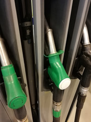 Fuel dispensers for diesel and petrol without labels.
