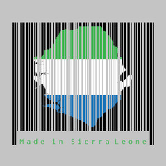 Barcode set the shape to Sierra leone map outline and the color of Sierra leone flag on black barcode with grey background.